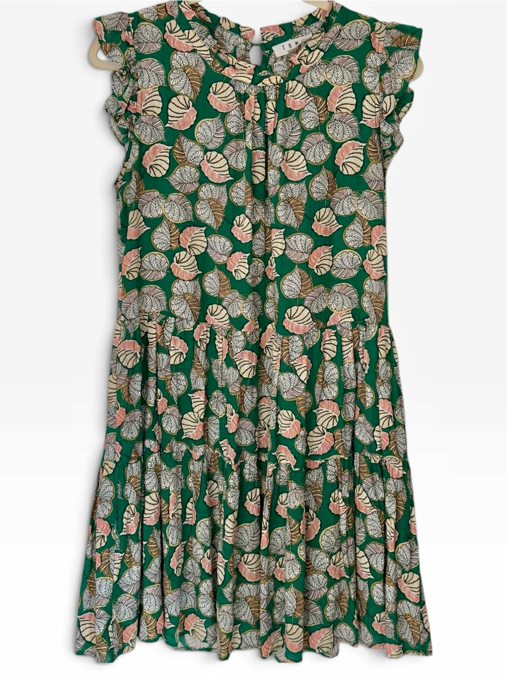 THML Cotton Green Leaf Print Tiered Dress Ruffle Trim Size Large Like New